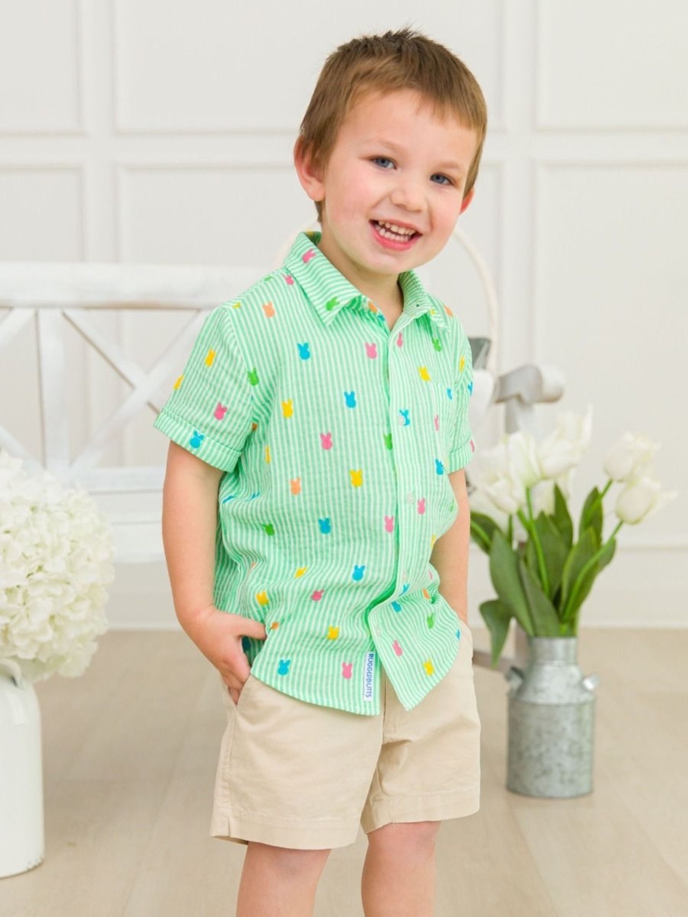 Ruggedbutts Green Bunny Stripe Cotton Gauze Short Sleeve Button Down Shirt